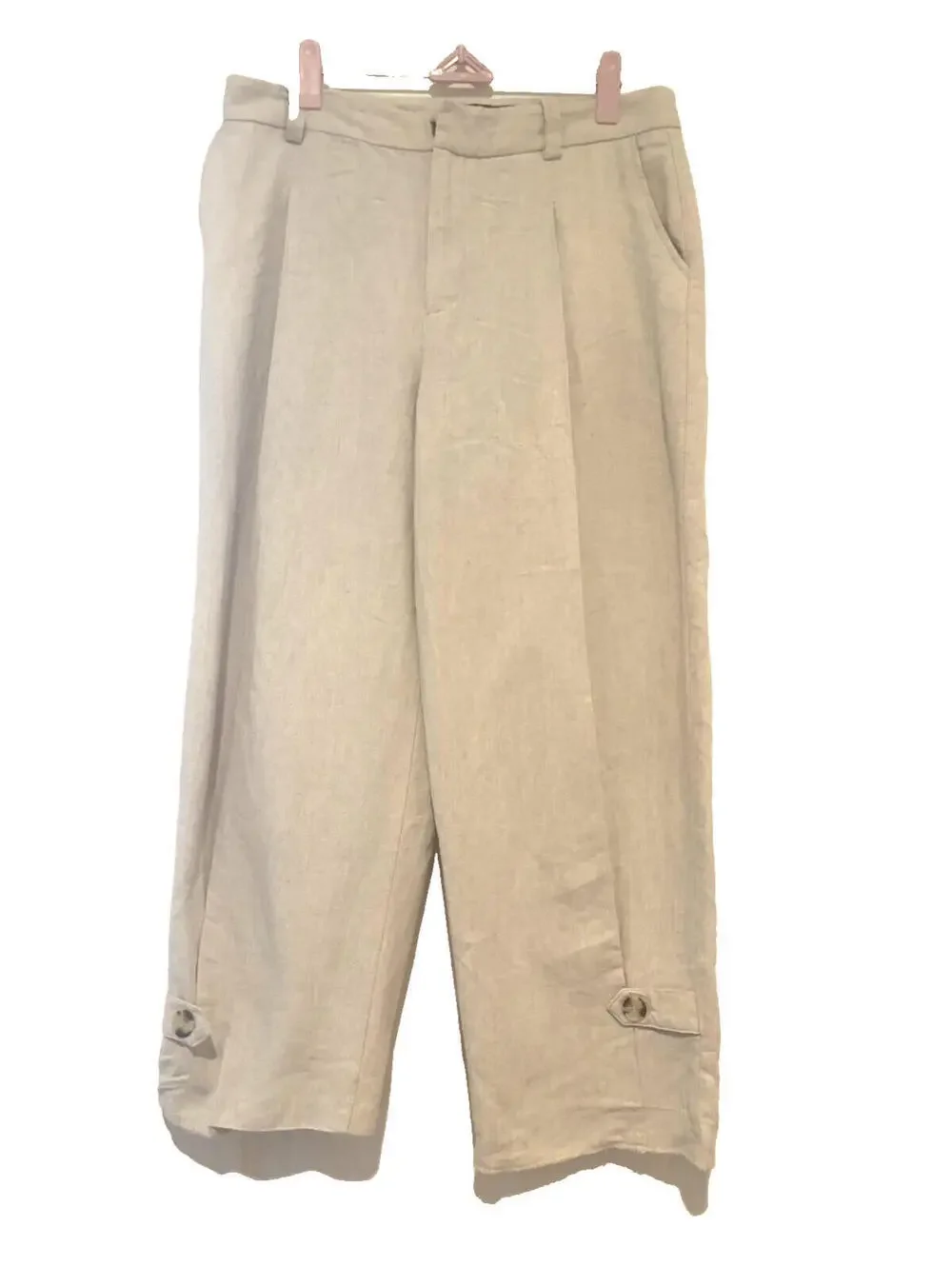 Zara cropped capri pants sz M beige cotton/linen blend‎ wide barrel leg CC